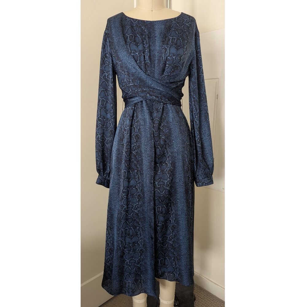 BCBGMAXAZRIA Blue Snake Satin Wrap Long Sleeve Dress Size S